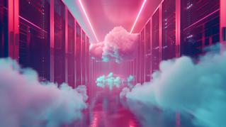 Data center with clouds and server racks, Private Cloud Dedicated | DXC Technology