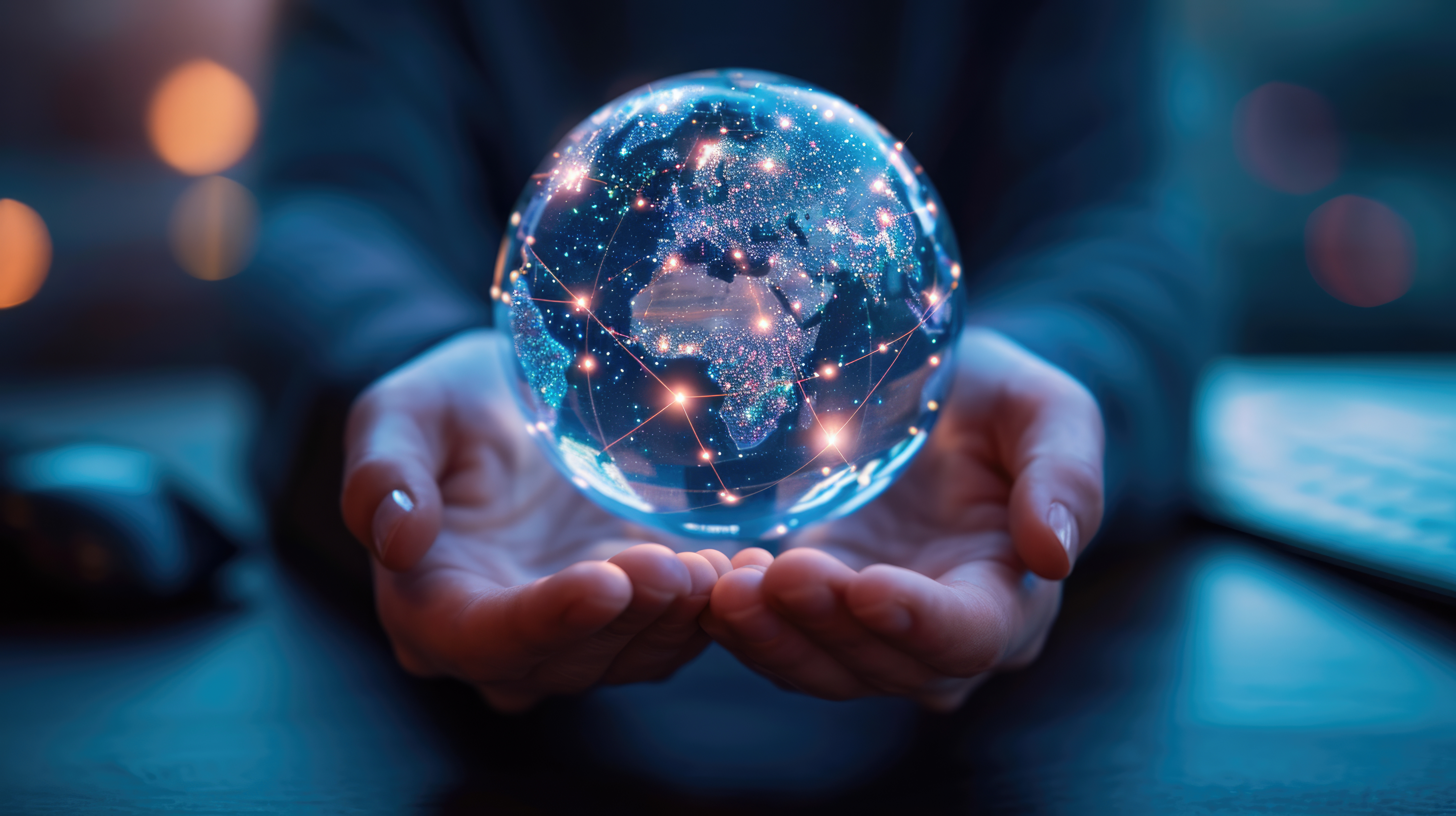 Hands holding transparent globe with digital connections - Five security trends shaping the future | DXC Technology Insights