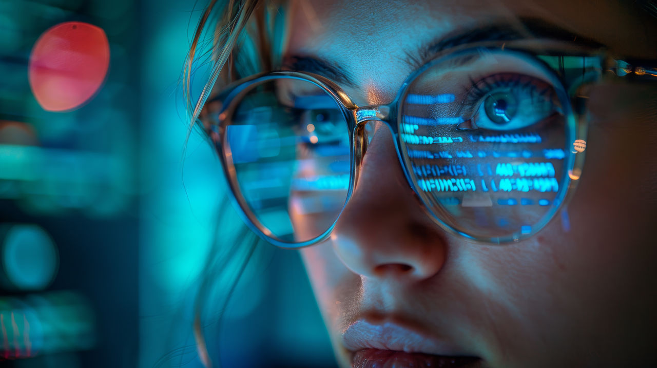 Woman's face with blue digital data reflected on her eyeglasses - The power of digital identity | DXC Technology Insights