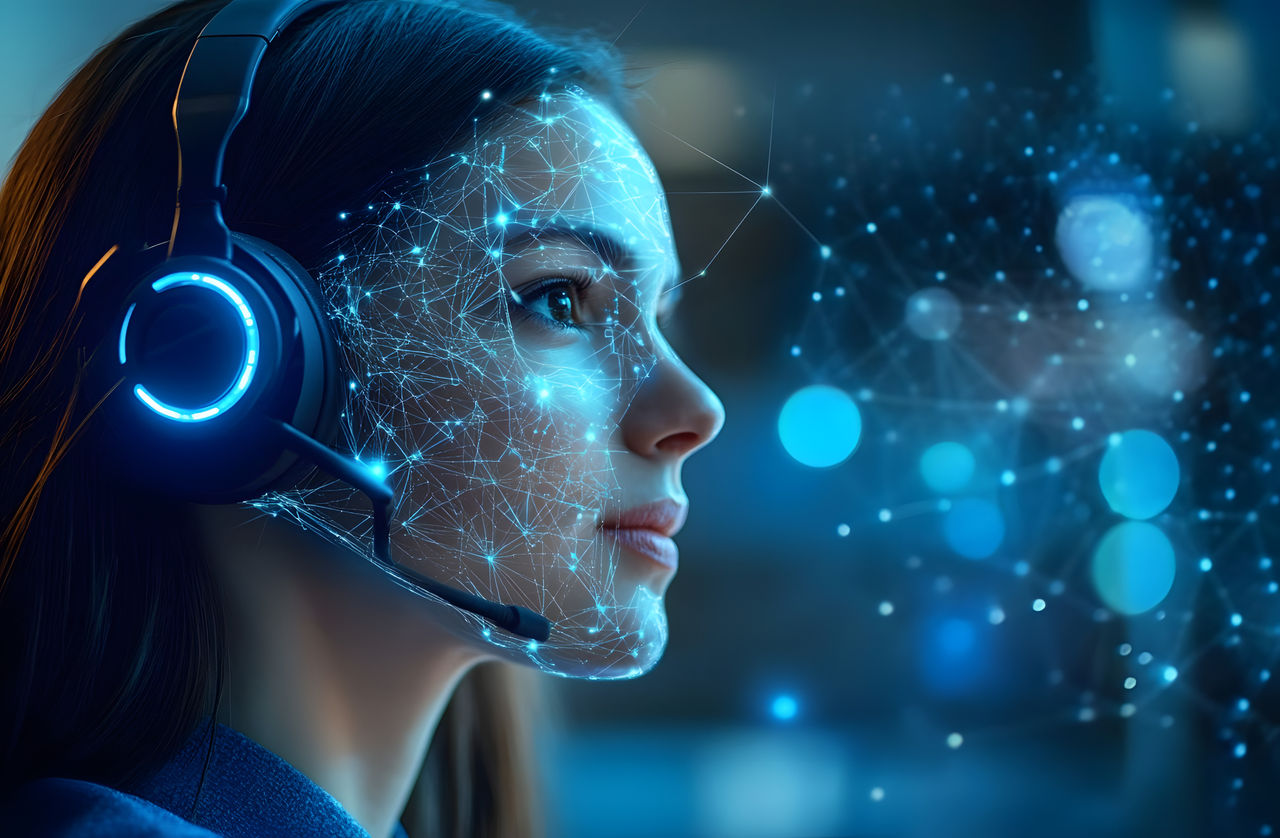 Woman with headset uses AI software. Futuristic face with digital lines connecting face, headset. Customer service representative provides support, call center employs AI software solutions enhancing