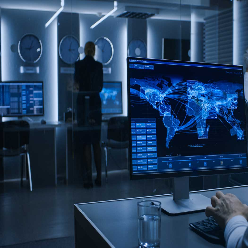 Screen displaying a digital map, illustrating Cyber Risk & Compliance services for managing security risks and optimizing investments, Cybersecurity | DXC Technology Services
